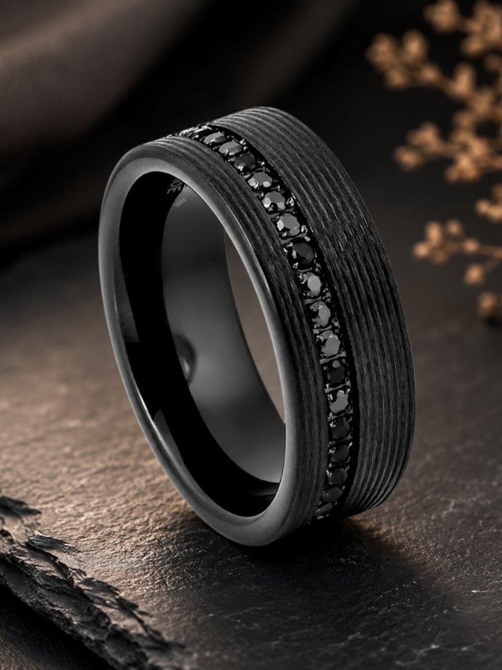 Black Brushed Tungsten Ring with Center Black CZ Channel - GALTUN1134-8.5
